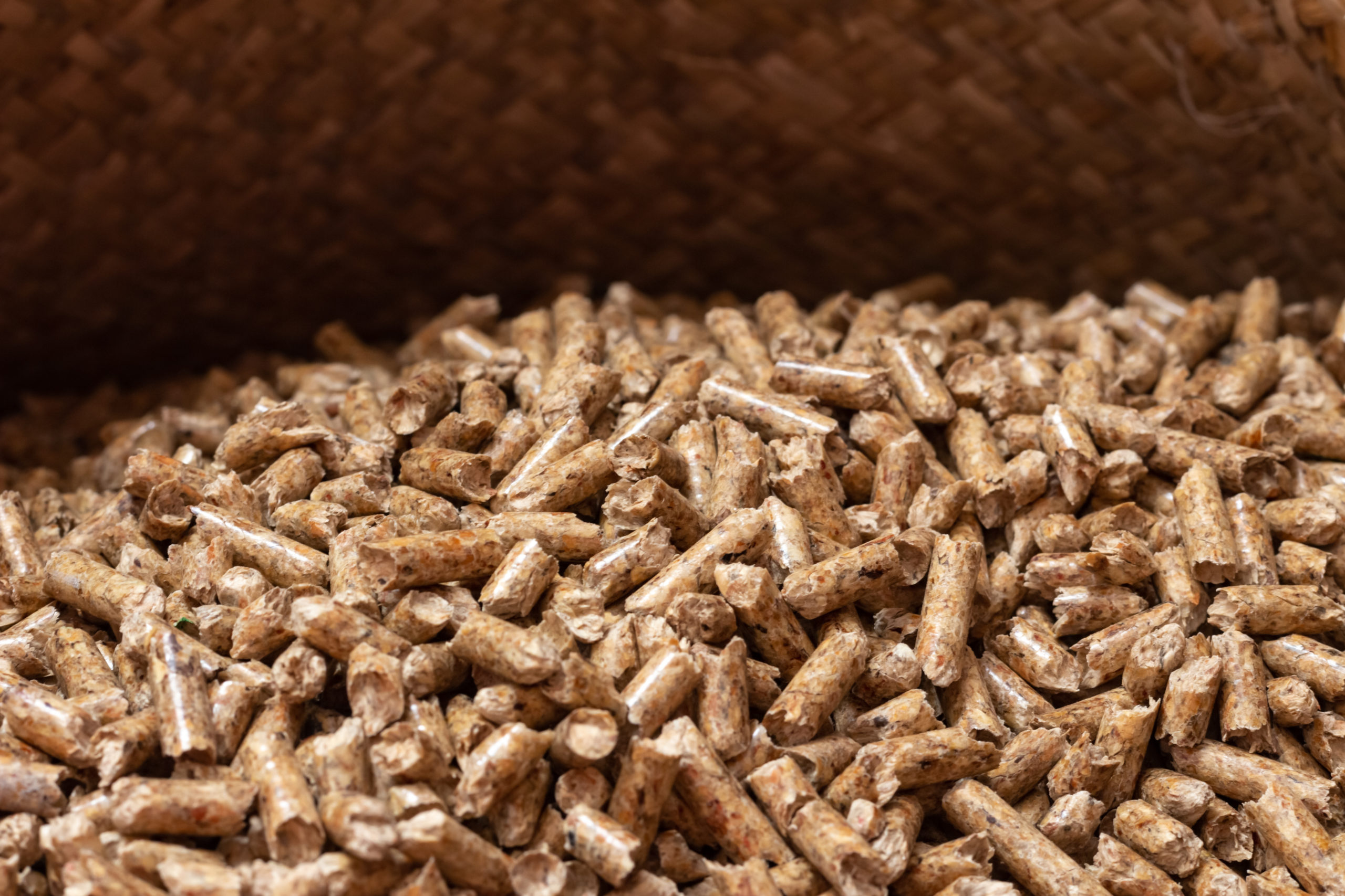 Holzpellets als nachhaltiger Brennstoff – lose Schüttung vor Lagerwand.